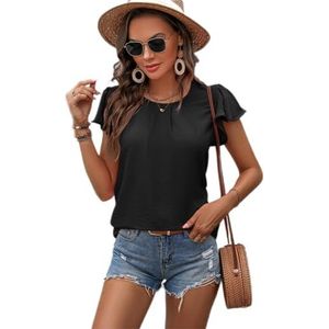 Clotth Casual bovendeel van geplooide chiffon met ronde hals en ruches mouwen, Black-l., L