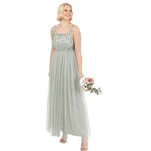 Maya Deluxe Dames Maxi Jurk Brede Bandjes Mouwloze Vierkante Hals Verfraaid voor Bruiloft Gast Prom Bruidsmeisje, Groene lelie, 38