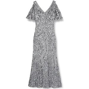 Gina Bacconi Lange V-hals A-lijn pailletten jurk met koude schouder flutter mouw, zilver, 10, Zilver, 36