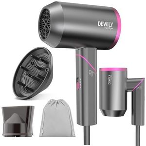 DEWILY Haardroger met diffuser, inklapbaar, klein, haarföhn met stil, föhn, haardroger met 3 warmtestanden (grijs, 2 sproeiers)