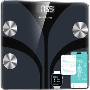 Posture HNESS Body Fat Scale Smart Wireless Digital Badkamer BMI Gewichtsschaal Lichaamssamenstelling Analyzer Gezondheidsmonitor met gehard glas Platform Grote digitale Backlit LCD met App Zwart
