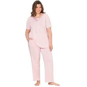 Ulla Popken Dames grote maten plus size pyjama, satijnen details, V-hals, halve mouwen, babyroze, 62-64