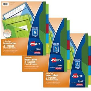 Avery Verdelers voor 3 ringmappen, 5-Tab Binder Dividers, twee zakken plastic bindmiddelverdelers, insteekbare grote tabbladen, veelkleurig, 3 sets (71906)