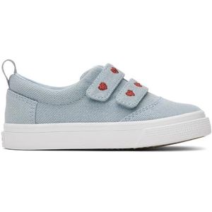 TOMS Fenix Double Strap sneakers voor meisjes, Pastel Blue Washed Denim Metallic Geborduurd Hearts, 22 EU