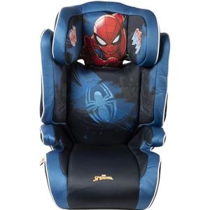Marvel Spiderman autostoel met ISOFIX-bevestiging voor kinderveiligheid met hoogte van 100 tot 150 cm met afbeelding van de superheld Spiderman op blauwe achtergrond