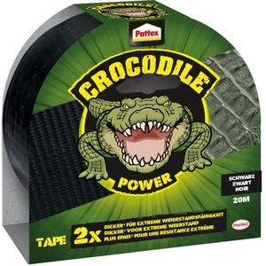 Pattex Crocodile Power Plakband, sterke textieltape met dubbele dikte, extreme weerstand voor de moeilijkste reparaties, ducttape voor verschillende materialen, zwart, 1 x 20 m