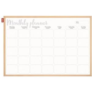 Memobe - Organisatiebord, maandplanner, whiteboard, beschrijfbaar en magnetisch, wandkalender, om op te hangen, familieplanner, wit, met houten lijst, 90 x 60 cm