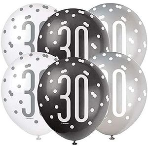Unique Party 83385 Dots 30e Verjaardag Latex Ballonnen, 12"" | Verschillende | 6 Pcs, Zwart, Leeftijd 30