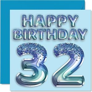 32e verjaardagskaart voor mannen - blauwe glitter feestballon - gelukkige verjaardagskaarten voor 32-jarige man broer vriend oom vader, 145 mm x 145 mm tweeëndertigste tweeëndertigste verjaardag