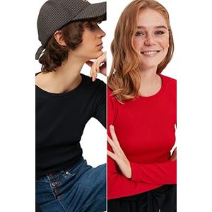 Trendyol Vrouwen normale standaard gebreide blouse met ronde hals, Marineblauw/Rood, XS