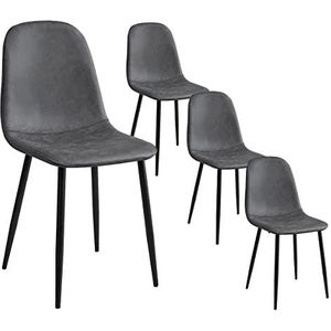 FurnitureR Set van 4 gevoerde eetkamerstoelen van Leatherair stof, Morden Salon bijzetstoel uit het midden van de eeuw, clubstoel met metalen voet zwart, grijs, leer, 41 x 50 x 85 cm