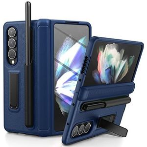 pcgaga Voor Galaxy Z Fold 4 Hoesje met [Verwijderbare S Pen Houder] [ Scharnierbescherming] [Ingebouwde Screenprotector Voorkant] Kickstand Telefoonhoesje voor Samsung Galaxy Z Fold4 5G 2022 - Blauw