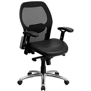 Flash Furniture Executive Draaistoel met zitting, kniekantelbediening en verstelbare armen, chroom, zwart leder/gaas, 66,04 x 63,5 x 40,64 cm