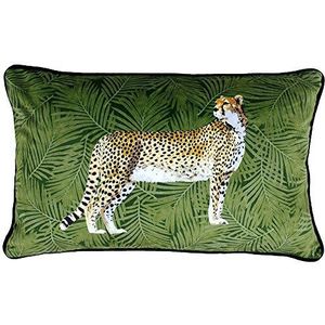 Riva Paoletti Cheetah Bos-kussensloop - groen - palmbladontwerp - fluwelen gevoel stof - Piped Edge - machinewasbaar - 100% polyester - 30 x 50 cm (12"" x 20"" inch) - ontwikkeld in Groot-Brittannië