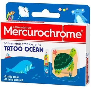 MERCUROCHROME - Tatoo Ocean transparante pleisters - 18 stuks - 2 formaten - Tattoo effect - Kleine wonden, snijwonden en schaafwonden - Eerste hulp