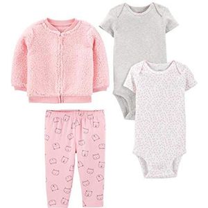 Simple Joys by Carter's 4-delige set met jas, broek en bodysuit voor babymeisjes, Grijs/Roze/Witte Hartjes/Kat, 12 maanden