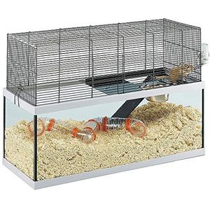 Ferplast Kooi voor Gerbils GABRY 80 kleine knaagdieren, structuur op twee verdiepingen, inclusief accessoires, glazen tank en gaas in zwart gelakt metaal, 79 x 30.5 x h51.4 cm