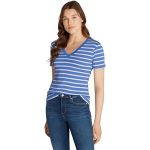 Tommy Hilfiger Slim Cody V-NK SS Ww0ww40584 T-shirt S/S, blauw (fijn bloemblaadje/ivoor bloemblaadjes), S Dames, Blauw (Fijn Blauw Bloemblaadje/Ivoor Bloemblaadjes), S