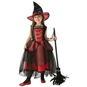 Rubies Hekse Chic rood kostuum voor meisjes, luxe jurk in rood met hoed, origineel Halloween, carnaval en verjaardag