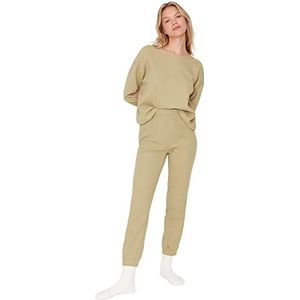 Trendyol Dames effen middelste gebreide T-shirt-broek pyjama set, Groen, S