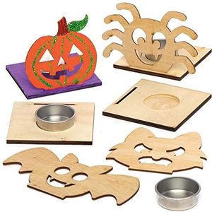 Baker Ross AX226 Halloween Houten Tealight Kits - Set van 4, Versier en Display voor Halloween Decoraties, Ideaal Kids Arts and Crafts Project