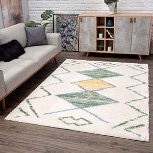 carpet city Tapijtloper Shaggy hoogpolig - etnische stijl 80x300 cm crème groen geel - moderne tapijten woonkamer