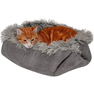 FurHaven Klein kattenbed zelfverwarmende lange nepbont en suède converteerbare knuffelaar, wasbaar - grijs, klein