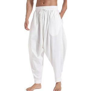 AITFINEISM Aladdin Hippie Harembroek met trekkoord voor heren, losvallend, kruis, broek, Puur wit, XXL