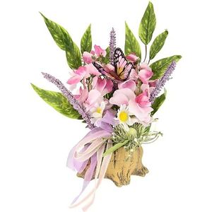 Bloemstuk van kunstmatige orchideeën, madeliefjes, vlinder, strik, bijwerk in pot in pot, kunstbloemen, paasdecoratie, voorjaarsdecoratie, tafeldecoratie, voorjaar, bloemendecoratie