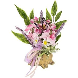 Sieraad van kunstmatige orchideeën madeliefje vlinder strik bijwerk in pot in houtlook decoratieve kunstbloemen paasdecoratie voorjaarsdecoratie tafeldecoratie voorjaar floristisch bloemendecoratie