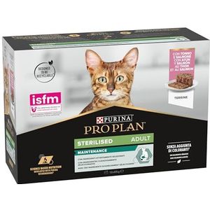 Purina Pro Plan natvoer voor katten, gesteriliseerd, zalm en tonijn, 8 verpakkingen van 12 blikjes à 85 g