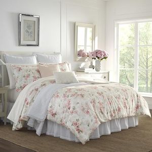 Laura Ashley Luxe ultrazacht dekbed, premium beddengoedset, stijlvol delicaat ontwerp voor thuisdecoratie, katoen, kunstfluweel, polyester, pluche, blush, queensize