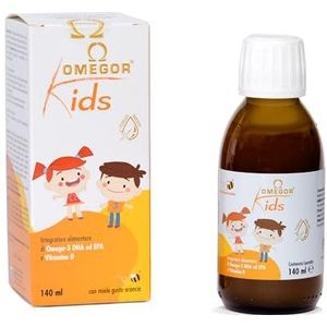 OMEGORÂ® Kids met plantaardige omega-3 DHA voor kinderen | 250 mg DHA en 125 mg EPA uit algenolie | Exquise emulsie van honing en vruchtensappen | Met vitamine D3 | 140 ml glazen fles met lepel