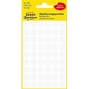 AVERY Zweckform 3145 zelfklevende markeringspunten, 270 stuks (diameter 12 mm, plakpunten op 5 vel, puntstickers voor kleurcodering, ronde stickers voor kalender, planner en knutselen, papier), wit