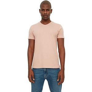 Trendyol Heren Rosa Basic Slim Fit 100% katoen V-hals korte mouwen T-shirt, roze, klein