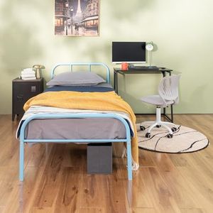 FurnitureR Eenvoudig metalen bedframe, met hoofdeinde en voeteneinde, robuuste ijzeren basis voor kinderen of jongeren, thuis, slaapzaal, kinderkamer, blauw