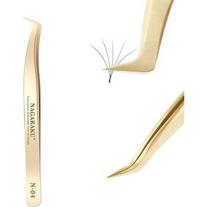NAGARAKU Volume Wimperpincet Gebogen Geen Gap Precisie Professionele Pincet Goud Roestvrijstalen Lichtgewicht met Beschermkapjes voor de Punten Curved Eyelash Tweezer voor Volume Fans Lash (N-04)