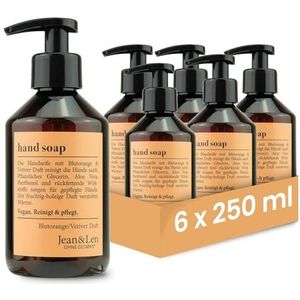 Jean & Len handzeep Bloedsinaasappel & Vetiver, in set, reinigt de handen zacht, vloeibare zeep in pompdispenser, fruitig geur, zonder siliconen, veganistisch, 6 x 250 ml