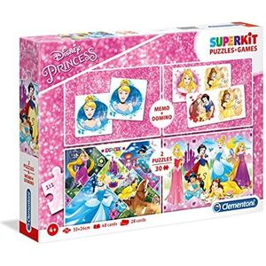 Clementoni 20208 Superkit Princess – puzzel- en speelset vanaf 4 jaar, memo- en dominospel en 2 kinderpuzzel met 30 delen, verschillende denkspellen voor kinderen