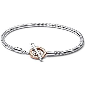Pandora Signature Tweekleurige slangenkettingarmband met T-bar en logo, sterlingzilver en 14-karaats rosévergulde armband met staafjessluiting, 23