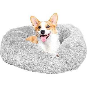 GONICVIN Donut hondenbed, pluizig kattenbed, kalmerend huisdierbed, gezellige anti-angstbedden met wasbaar en afneembare hoes, antislip onderkant 60 cm grijs