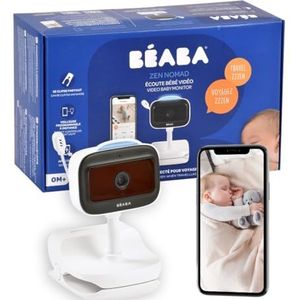 BEABA, Babyfoon, draadloos videoluisteren met clip, nomad, nachtzicht, mobiele app, gekleurd nachtlampje, walkietalkie, slaapliedjes, thermometer, vochtigheidsregeling, 6 uur batterij, Zen Nomad wit