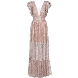 Swing Fashion Lange jurk voor dames, elegante jurk, feestelijke jurk, partyjurk, avondjurk, bruiloftsjurk, glanzende jurk, baljurk, tule jurk, maxi-jurk, korte mouwen, nude, maat 38 (M), wit, M