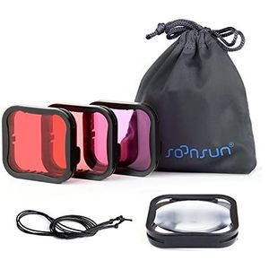SOONSUN 4-Pack duikfilter voor GoPro Hero 5 6 7 Black Officiële behuizing Case - Rood, Lichtrood, Magenta, 5X Close-up Macrofilters - Kleurcorrectie voor verschillende onderwater video fotografie