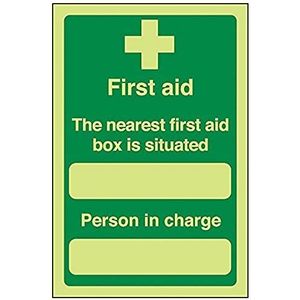 VSafety 31010AG-G ""De dichtstbijzijnde First Aid Box is situeerd"" First Aid General Sign, Glow In The Dark, 1 mm Kunststof, Portret, 100 mm x 150 mm, Groen