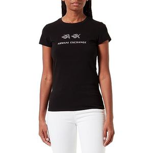 Armani Exchange Dames slim fit, bedrukt logo vlam, korte mouwen T-shirt, zwart, XXL