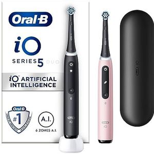 Oral-B iO 5 Dual Pack, Zwart & Roze Elektrische Tandenborstels, 2 Tandenborstelkoppen, 1 Reiskoffer, Ontworpen door Braun