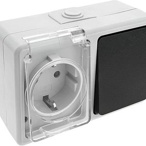Schuko-basis met waterdichte schakelaar, ideaal voor buiten en vochtige ruimtes en biedt veiligheid en functionaliteit.