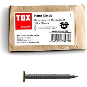 TOX Home Classic 063600102 Fotospijker van gehard staal met messing kop in recyclebare papieren verpakking, afmetingen 2,0 x 30 mm, stalen spijkers voor foto's voor bijna alle bouwmaterialen, 20 stuks
