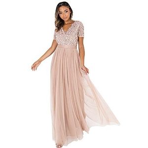 Maya Deluxe Dames Taupe Blush korte mouw Streep Bruidsmeisje Maxi Jurk, 8